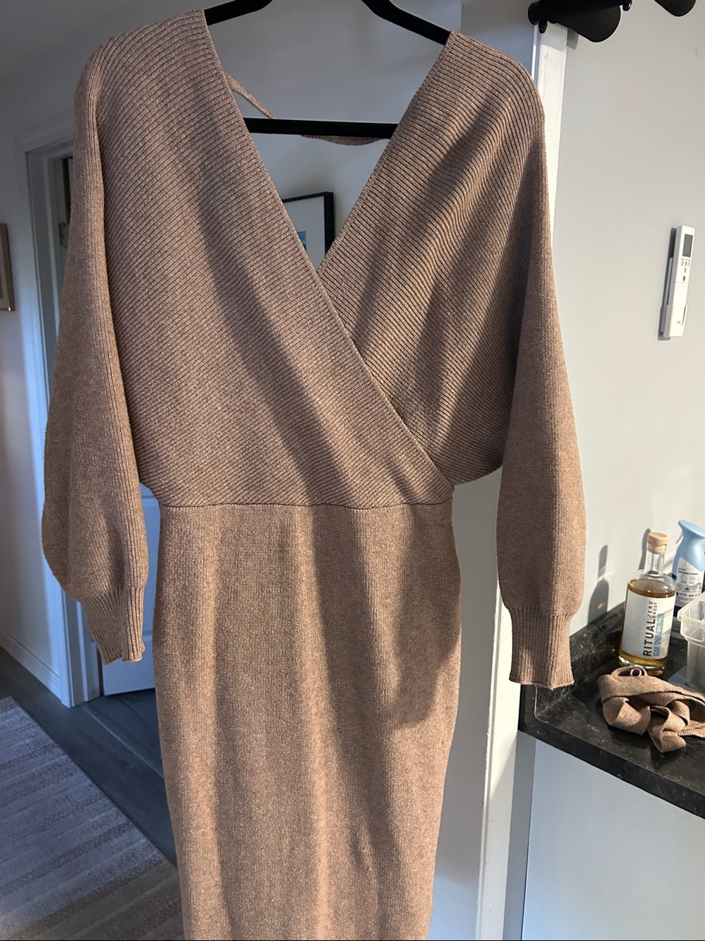 Bluivy Long Sleeve Wrap Knit Dress in Chestnut Brown